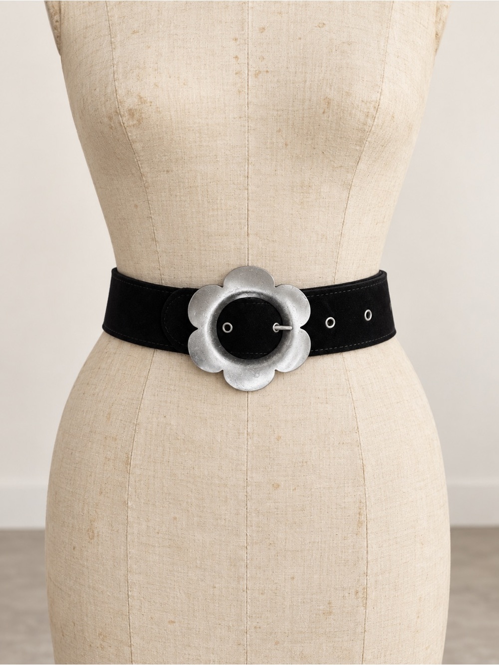 Vintage 1960s/1970s Nordiska Design Black Leather/Suede Belt, large metal flower